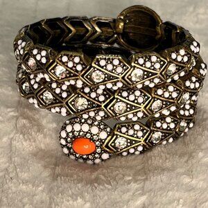 Antique Gold-Tone Snake Wrap Bracelet W/ White & Crystal Beads Orange Stone Acce